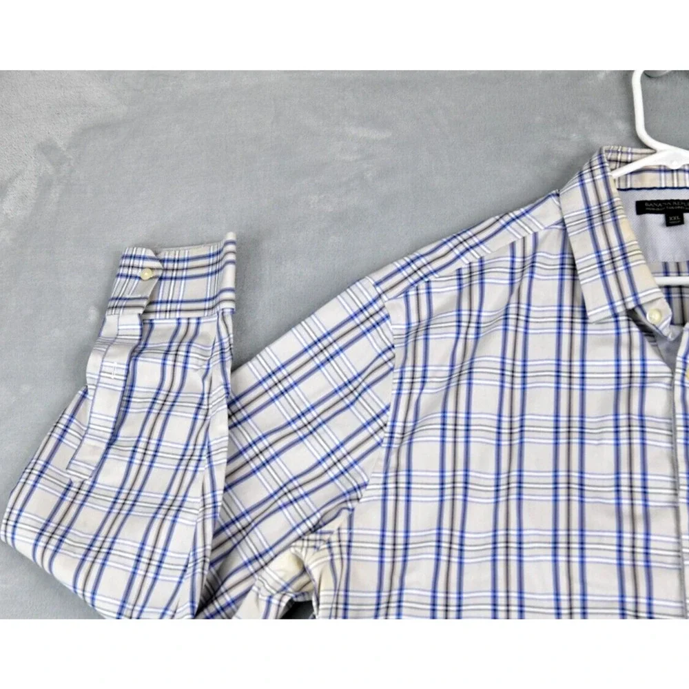 Banana Republic Shirt Men 2XL Slim Beige Blue Non-Iron Plaid Button Up